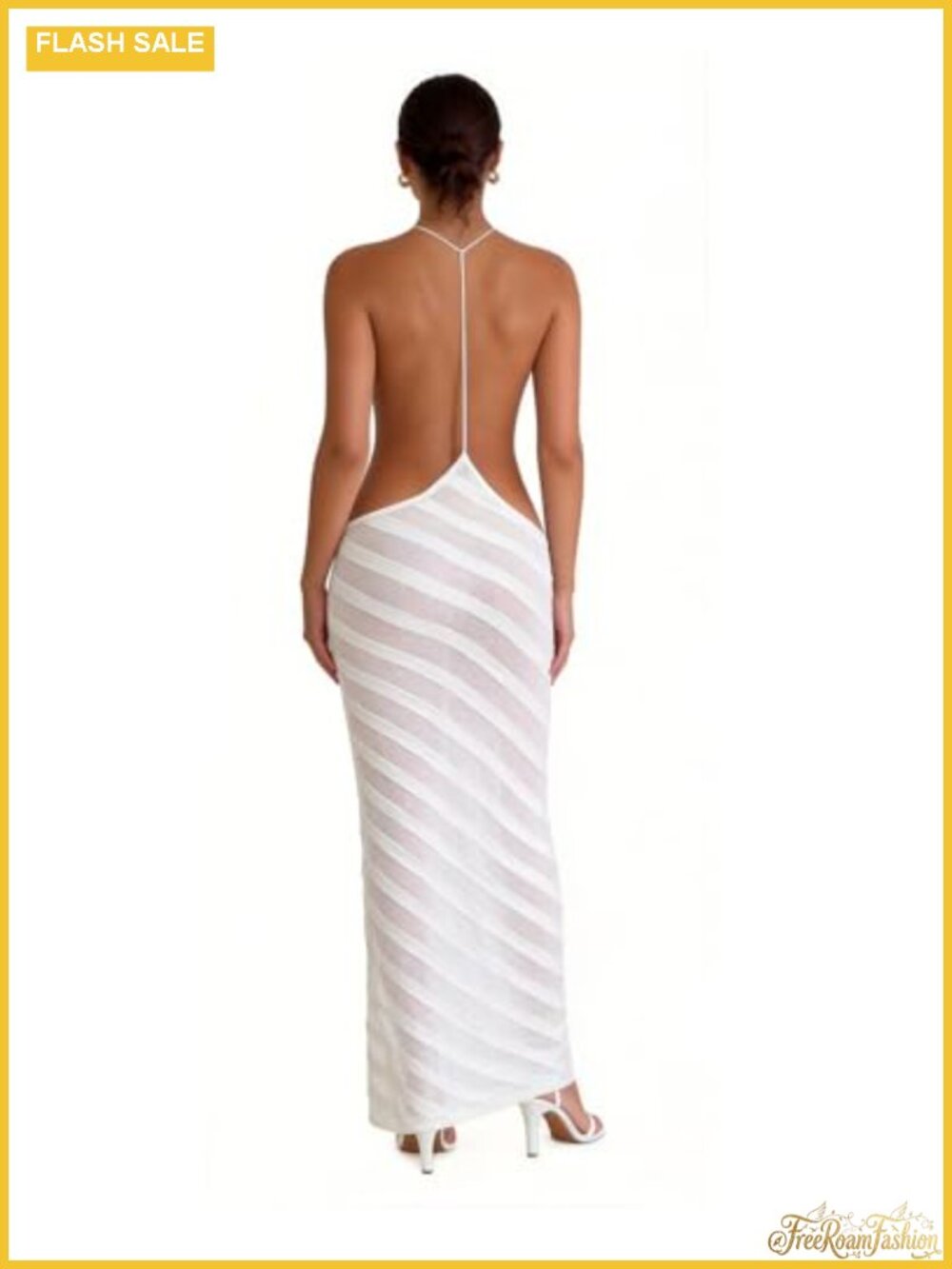 Sheer Mesh Beach Cover Up Dress V Neck Open Back Maxi Side Split Striped Bodycon